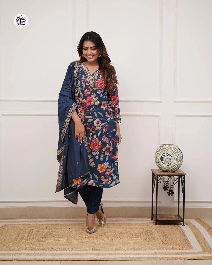 Pure Russian Silk Embroidery Kurti Bottom With Dupatta