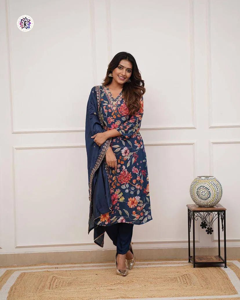 Pure Russian Silk Embroidery Kurti Bottom With Dupatta