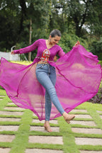 Faux Georgette Leheriya Print Kutchi Patchwork Front Open Kurti