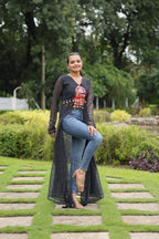 Faux Georgette Leheriya Print Kutchi Patchwork Front Open Kurti