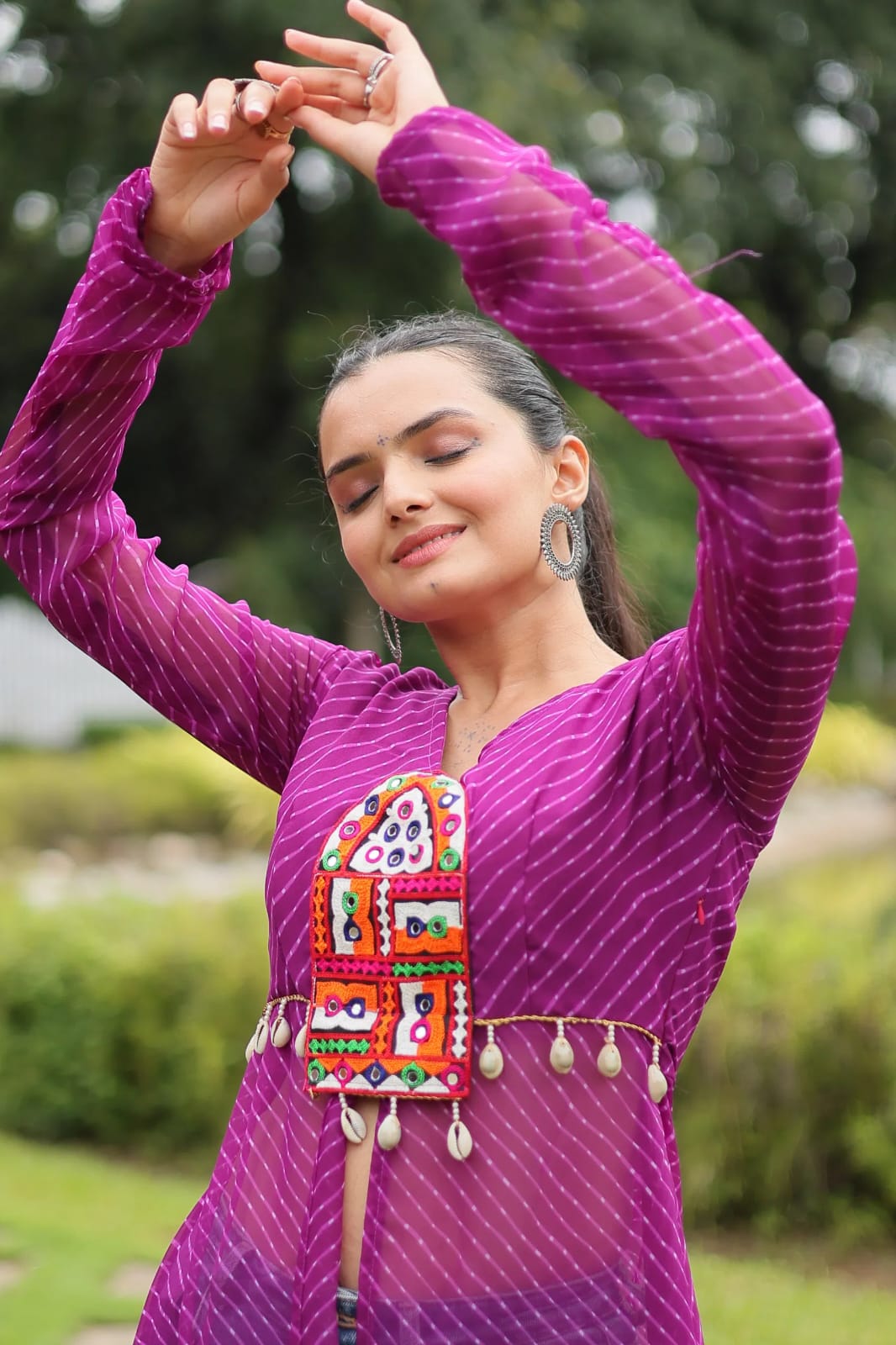 Faux Georgette Leheriya Print Kutchi Patchwork Front Open Kurti