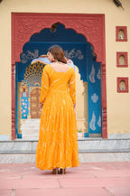 Faux Georgette Leheriya Print Kutchi Patchwork Gown