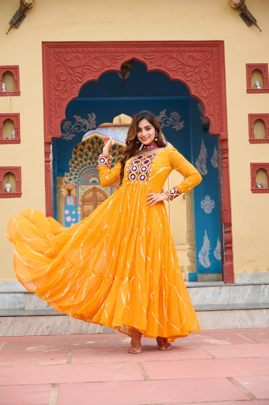 Faux Georgette Leheriya Print Kutchi Patchwork Gown
