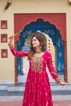 Faux Georgette Leheriya Print Kutchi Patchwork Gown