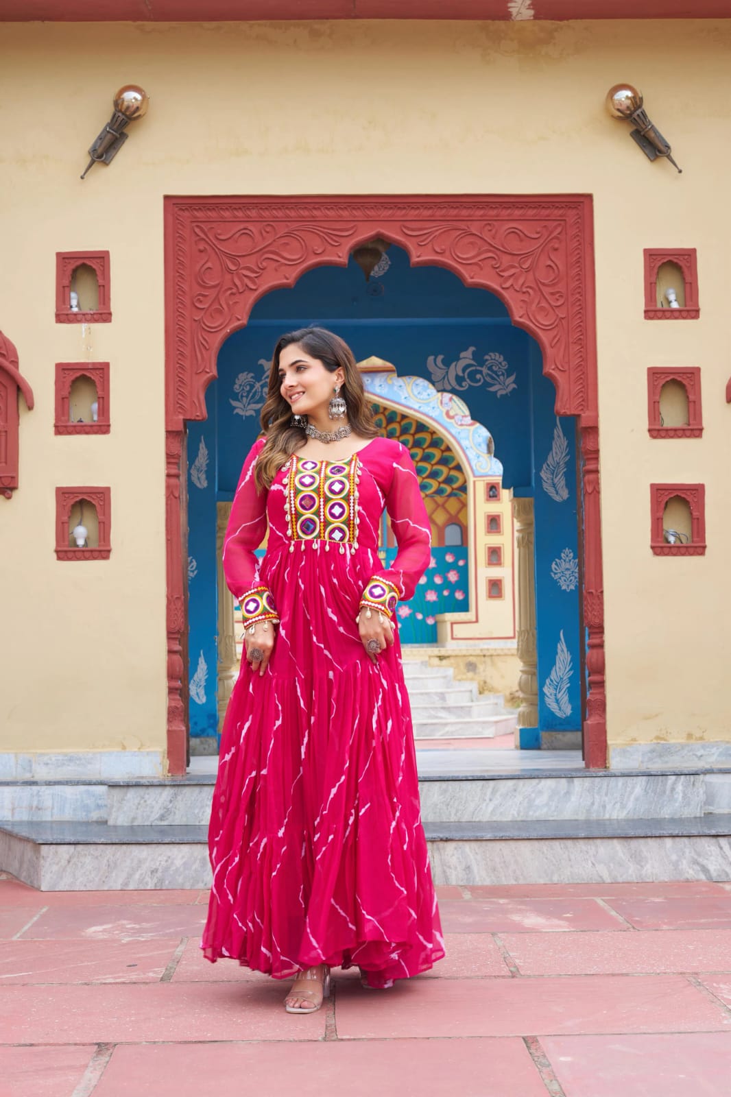 Faux Georgette Leheriya Print Kutchi Patchwork Gown