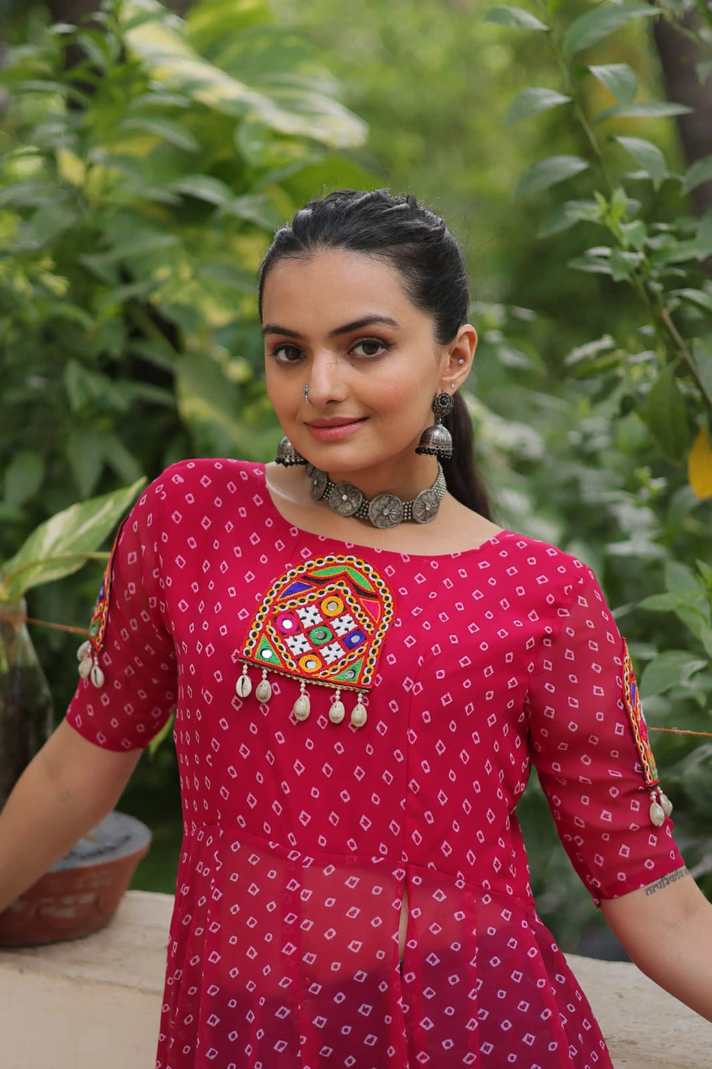 Faux Georgette Bandhani Printed With Patch Work Long Kurti